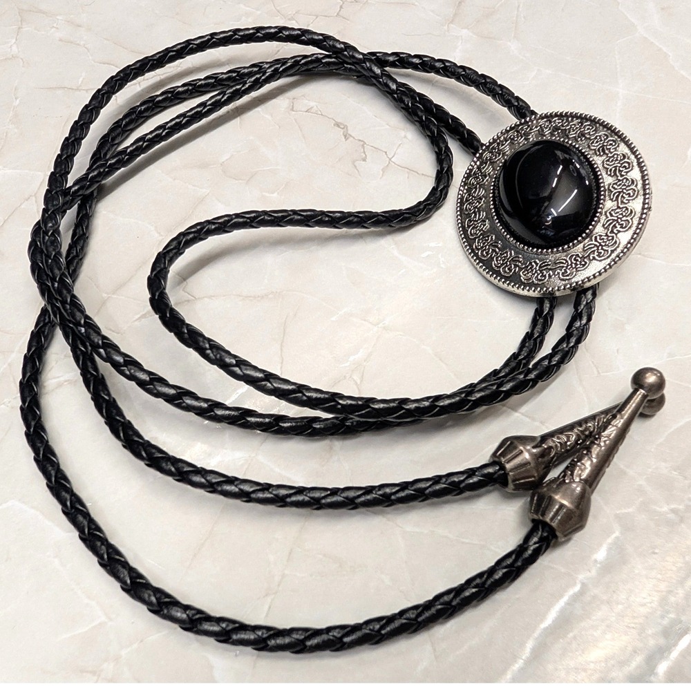 New Bolo Tie Black SilverTone Western Braided Faux Leather Black Onyx Stone